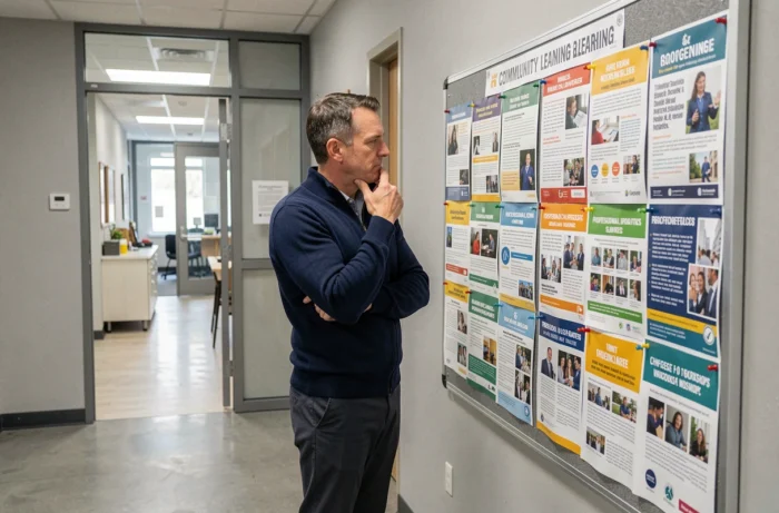 Homme consultant un tableau d'affichage de formations locales dans un centre d'apprentissage communautaire