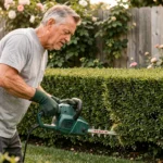 Homme utilisant un taille-haie électrique pour tailler une haie de buis dans un jardin soigné