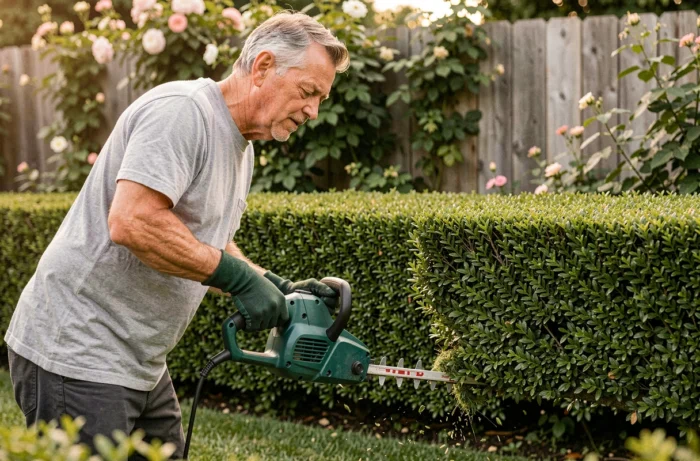 Homme utilisant un taille-haie électrique pour tailler une haie de buis dans un jardin soigné