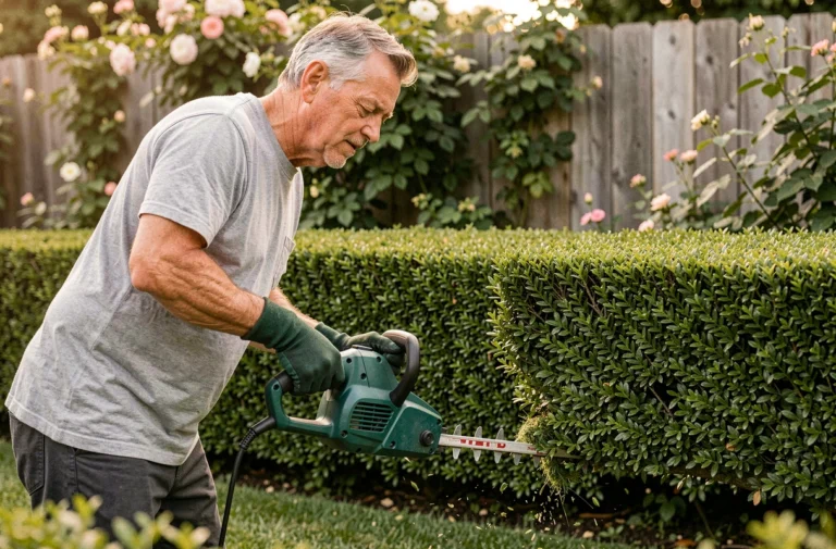 Homme utilisant un taille-haie électrique pour tailler une haie de buis dans un jardin soigné