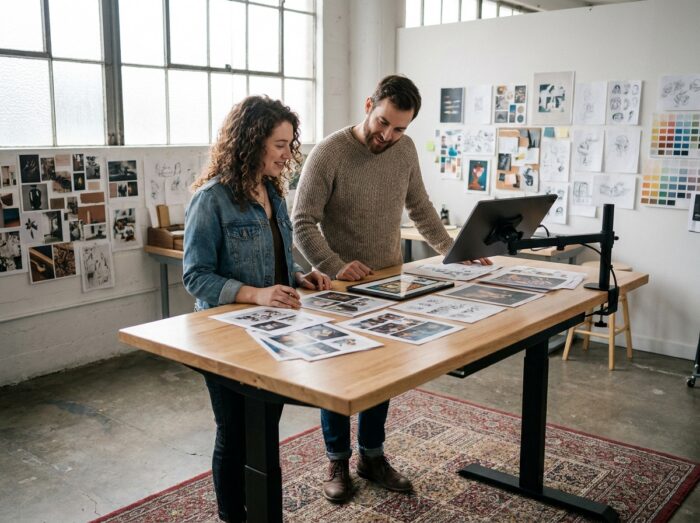 Deux illustrateurs comparant illustration éditoriale et concept art numérique dans un studio créatif partagé