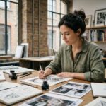 Illustratrice travaillant à l'encre sur un bureau encombré de carnets de croquis dans un studio créatif urbain