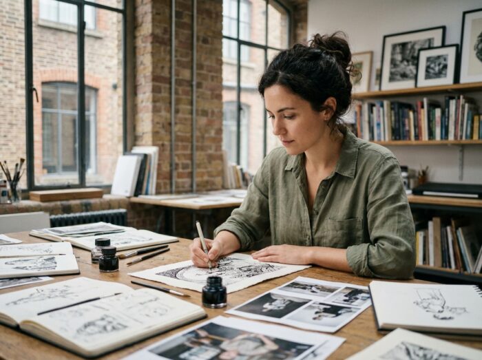Illustratrice travaillant à l'encre sur un bureau encombré de carnets de croquis dans un studio créatif urbain