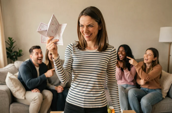 Femme imitant un ami avec une pose exagérée lors d'un défi d'imitation avec une cocotte en papier à la main