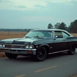 Ford Impala 1967 noire de la série Supernatural garée sur une route rurale déserte, vue grand angle mettant en valeur la silhouette iconique de la voiture