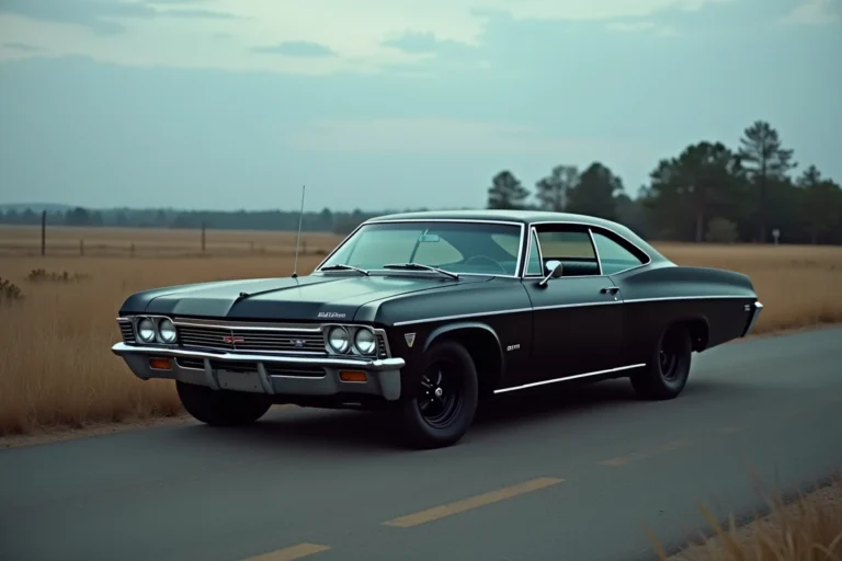 Ford Impala 1967 noire de la série Supernatural garée sur une route rurale déserte, vue grand angle mettant en valeur la silhouette iconique de la voiture