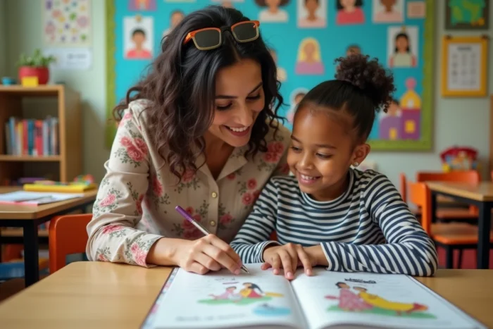 Enseignante accompagnant un élève dans une salle de classe inclusive, illustrant les pratiques pédagogiques inclusives et le soutien individualisé