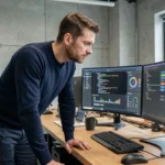 Ingénieur logiciel concentré devant un écran de développement numérique dans un bureau tech moderne