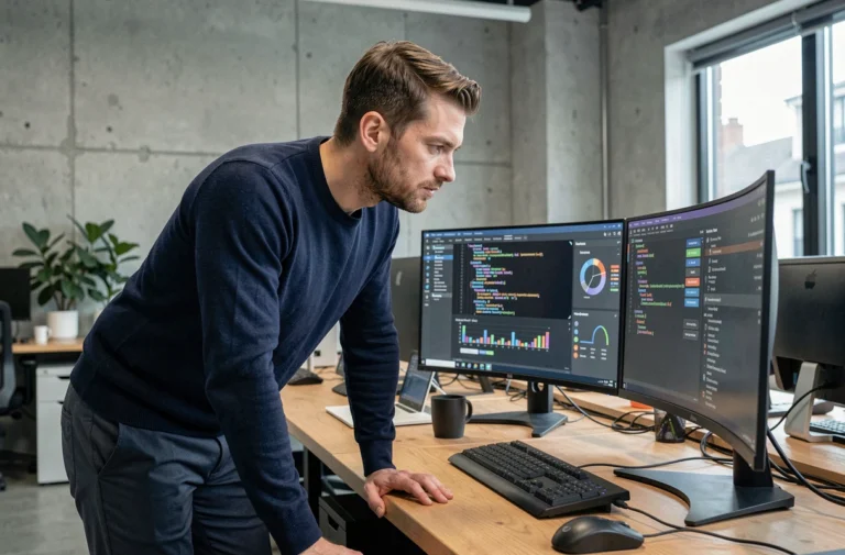 Ingénieur logiciel concentré devant un écran de développement numérique dans un bureau tech moderne