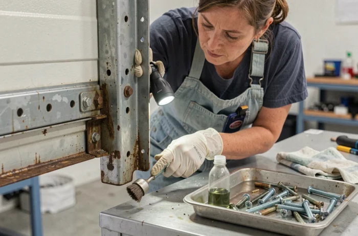 Une femme en gants nitrile inspectant et nettoyant les points de fixation métalliques d'un rail de porte de garage avec une brosse métallique
