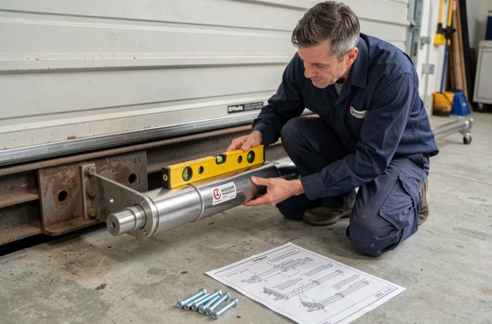 Un homme installant un nouveau vérin de porte de garage en utilisant un niveau à bulle pour aligner correctement le piston sur le support de fixation