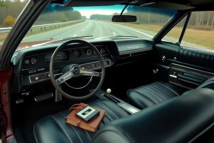 Intérieur authentique d'une Impala 1967 avec sièges en vinyle noir usé, tableau de bord d'époque et accessoires faisant référence à la série Supernatural