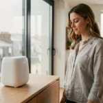 Ioniseur d'air design posé sur un meuble en chêne dans un salon d'appartement parisien avec vue sur la ville