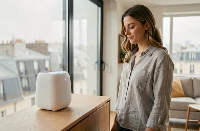 Ioniseur d'air design posé sur un meuble en chêne dans un salon d'appartement parisien avec vue sur la ville