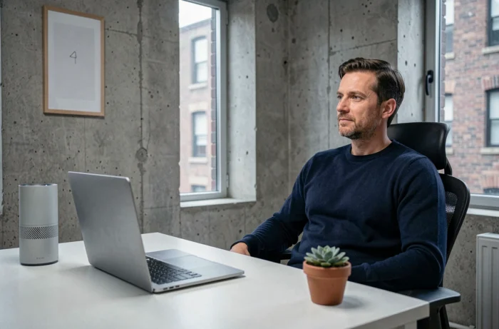 Ioniseur d'air cylindrique sur un bureau à domicile avec ordinateur portable dans un appartement urbain moderne