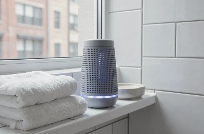 Ioniseur d'air compact posé sur une étagère de salle de bain dans un appartement en ville avec carrelage blanc