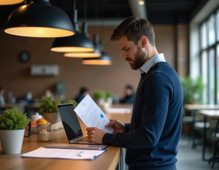 Jeune entrepreneur masculin analysant des documents commerciaux dans un espace de coworking pour développer son activité en ligne
