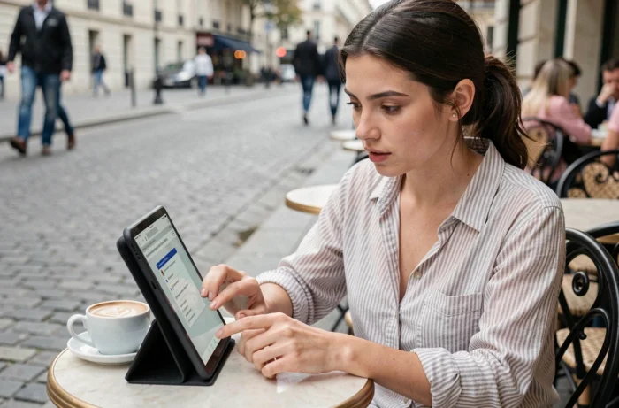 Jeune femme consultant un tutoriel sur une tablette numérique en terrasse de café parisien avec café et pavés en arrière-plan