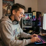 Jeune homme souriant devant son setup gaming en réaction à un message Discord BTBF