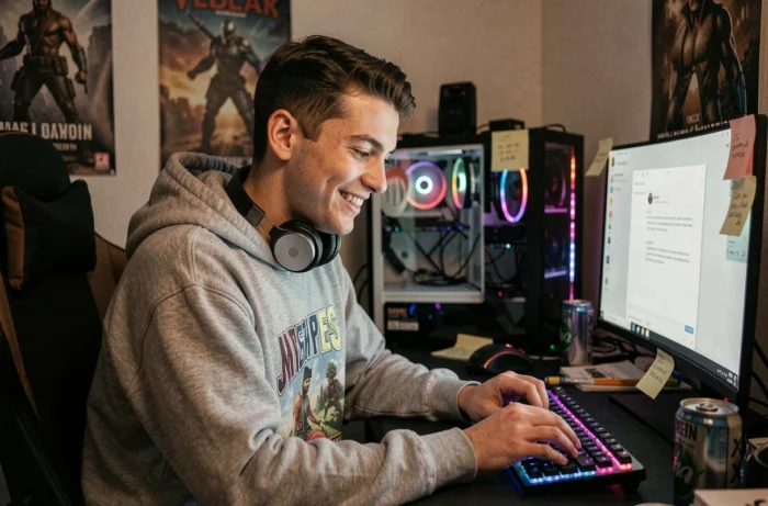 Jeune homme souriant devant son setup gaming en réaction à un message Discord BTBF