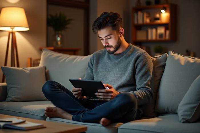 Jeune homme recherchant des opportunités de formation professionnelle sur une tablette depuis son domicile