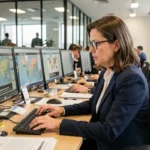 Journaliste femme en salle de rédaction analysant les actualités nationales et internationales sur plusieurs écrans