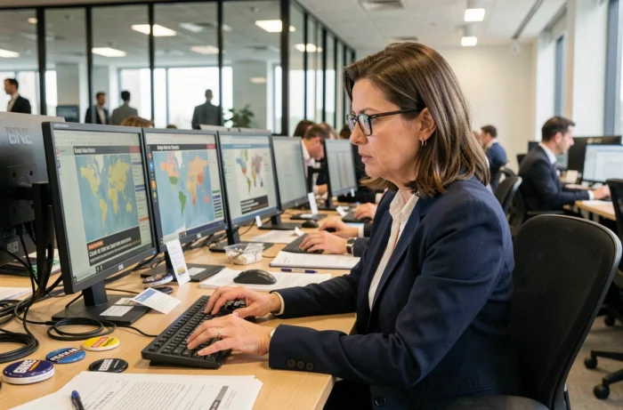 Journaliste femme en salle de rédaction analysant les actualités nationales et internationales sur plusieurs écrans