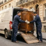 Deux livreurs Emmaüs déchargeant une armoire en bois vintage d'un camion de livraison devant un immeuble résidentiel