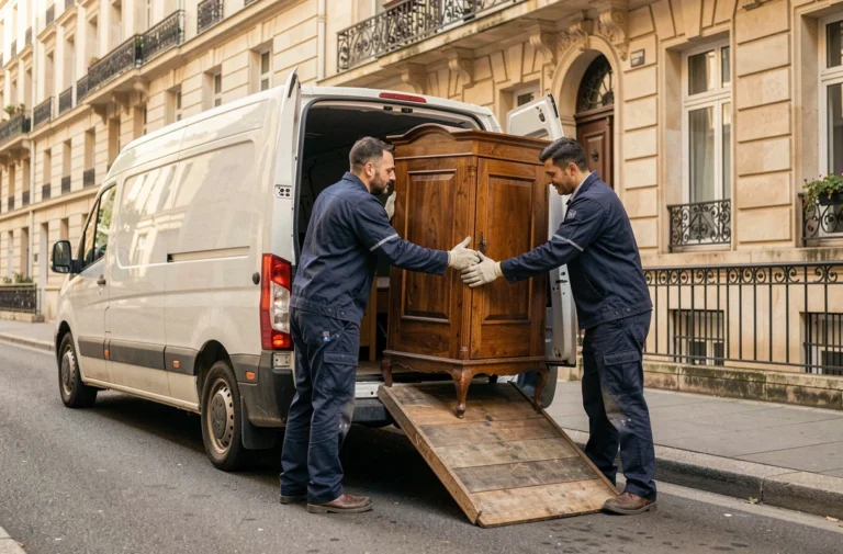 Deux livreurs Emmaüs déchargeant une armoire en bois vintage d'un camion de livraison devant un immeuble résidentiel
