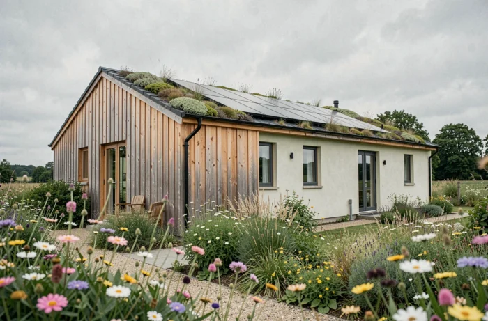 Façade d'une maison écologique achevée avec bardage en bois, toiture végétalisée et panneaux solaires intégrés dans un jardin naturel