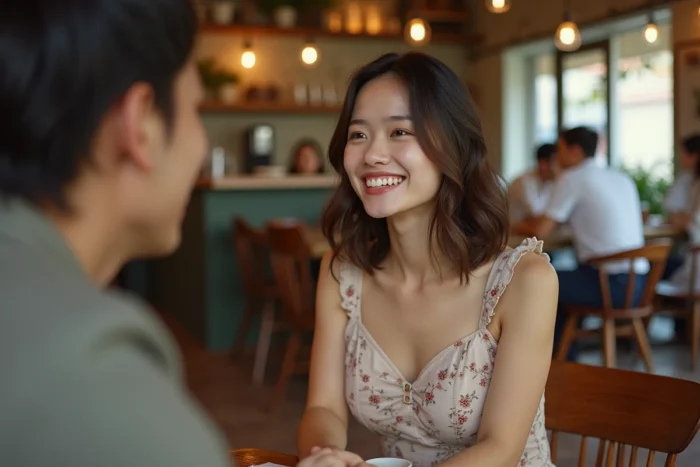 Une jeune femme souriante dans un café, évoquant une rencontre intime et complice entre acteurs après la sortie d'un film romantique