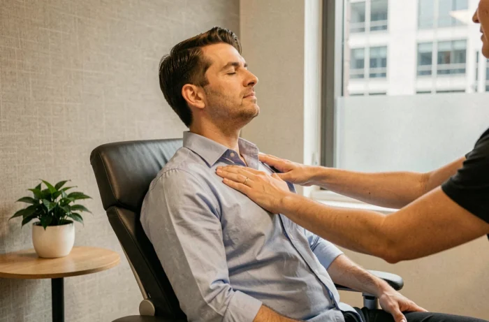 Massage sur chaise ergonomique pour un professionnel dans un espace bien-être dédié