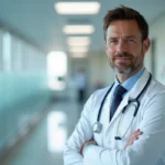 Médecin en blouse blanche avec stéthoscope dans un couloir d'hôpital moderne