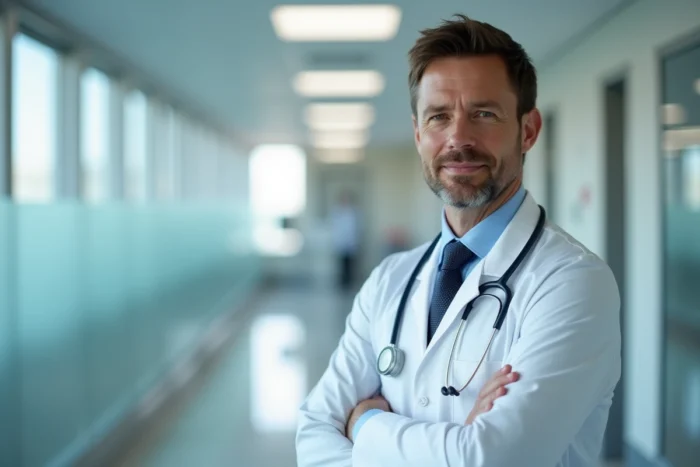 Médecin en blouse blanche avec stéthoscope dans un couloir d'hôpital moderne