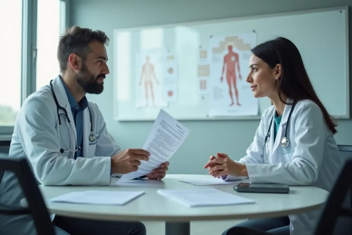 Médecin et docteur en discussion professionnelle dans une salle de réunion médicale universitaire