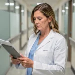 Médecin femme consultant des données médicales sur tablette dans un couloir d'hôpital moderne