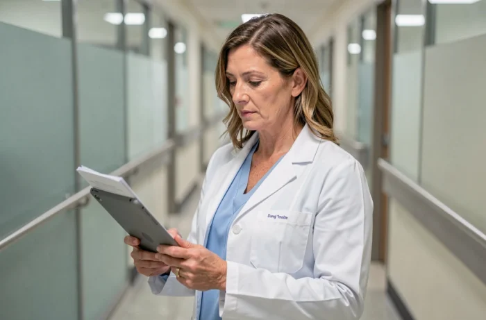 Médecin femme consultant des données médicales sur tablette dans un couloir d'hôpital moderne