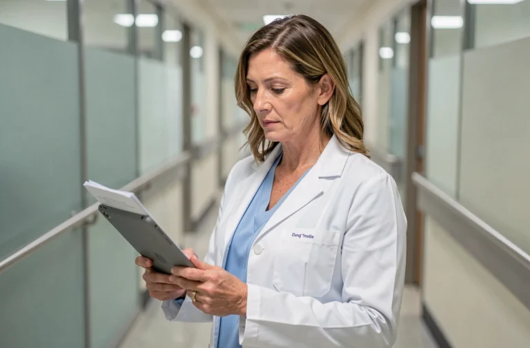 Médecin femme consultant des données médicales sur tablette dans un couloir d'hôpital moderne