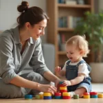 Mère accompagnant son tout-petit dans un jeu d'éveil sur le parquet d'un salon familial chaleureux
