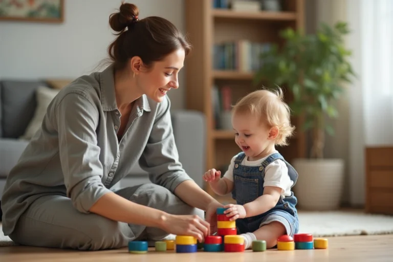 Mère accompagnant son tout-petit dans un jeu d'éveil sur le parquet d'un salon familial chaleureux