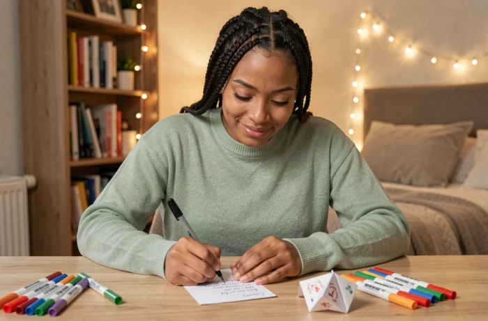 Femme écrivant un message motivant personnalisé sur une petite carte à côté d'une cocotte en papier et de marqueurs colorés