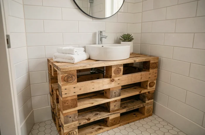 Meuble vasque salle de bain fabriqué en palettes de bois recyclées avec vasque blanche et robinet chromé