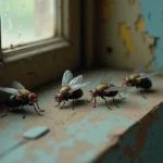 Macro photographique de mouches mortes sur un rebord de fenêtre en bois vieilli, symbolisant la méditation spirituelle et la contemplation intérieure