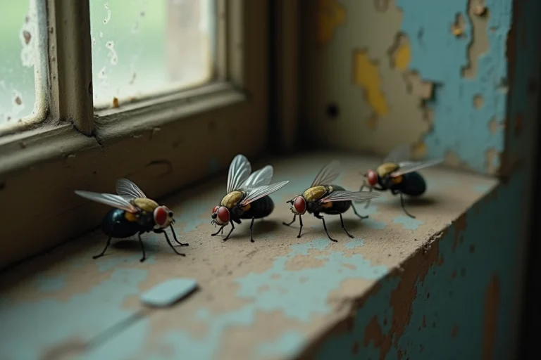 Macro photographique de mouches mortes sur un rebord de fenêtre en bois vieilli, symbolisant la méditation spirituelle et la contemplation intérieure