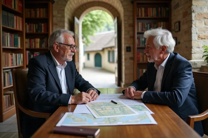 Notaire et agriculteur en réunion pour la signature d'un acte de vente de terres agricoles en France