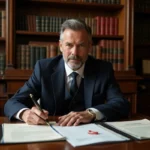 Notaire en costume marine examinant des documents officiels dans son étude lors d'une transaction immobilière