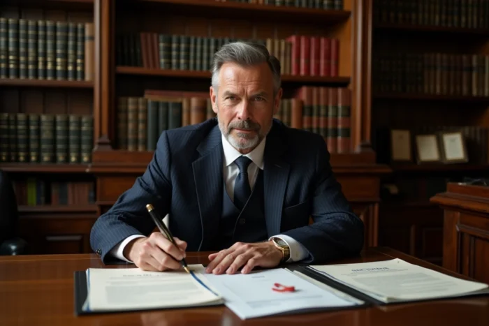 Notaire en costume marine examinant des documents officiels dans son étude lors d'une transaction immobilière