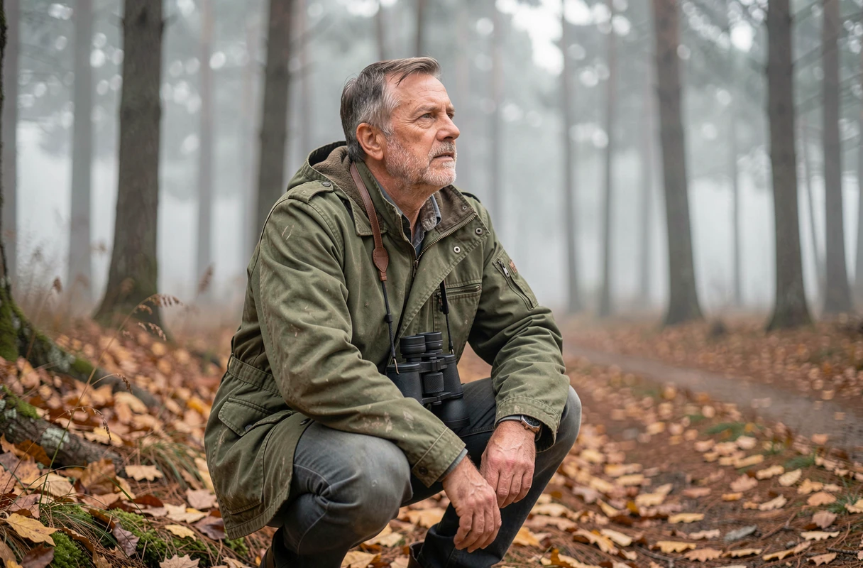 Observateur de palombes aux jumelles dans une forêt landaise lors de la migration d'octobre