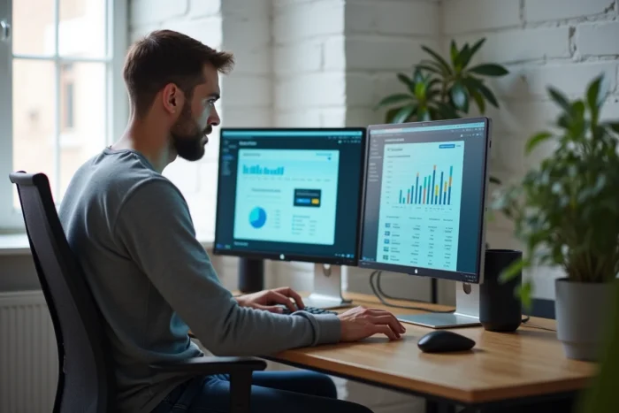 Homme travaillant sur l'optimisation SEO d'un site web avec tableau de bord d'audit sur double écran