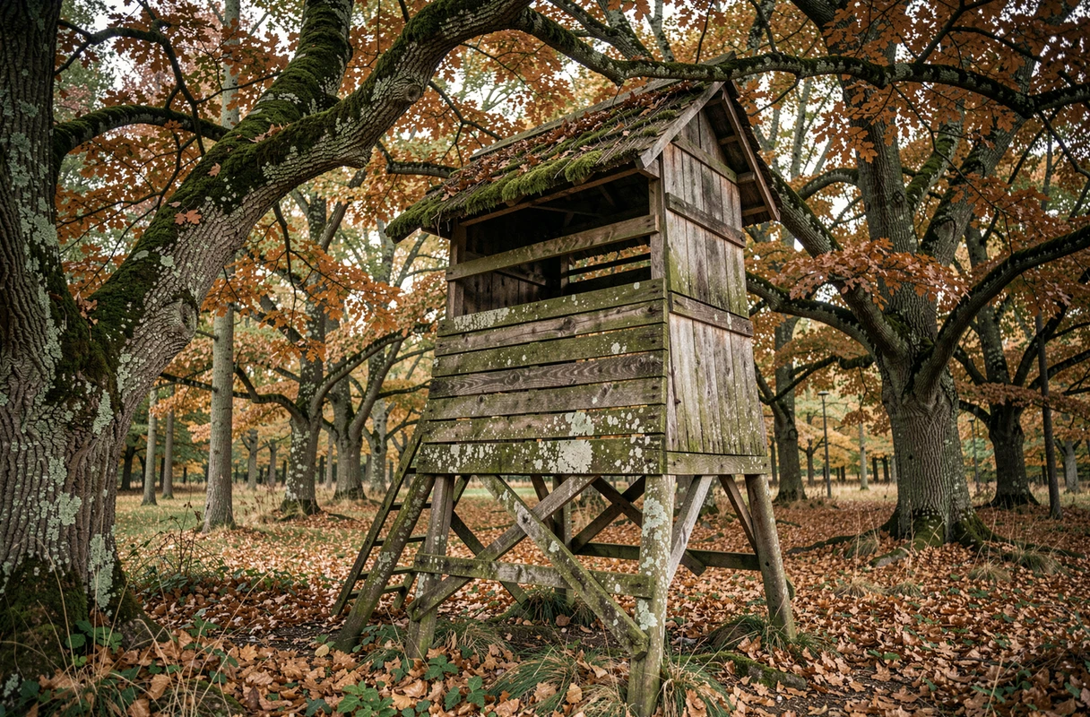 Palombière traditionnelle en bois dissimulée dans la canopée d'une forêt de chênes dans les Landes
